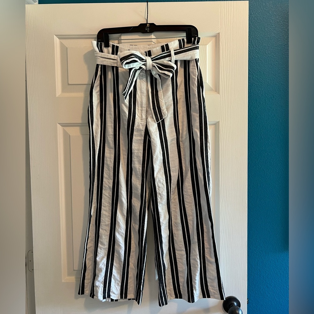 Striped light weight high waist belted pants wide leg